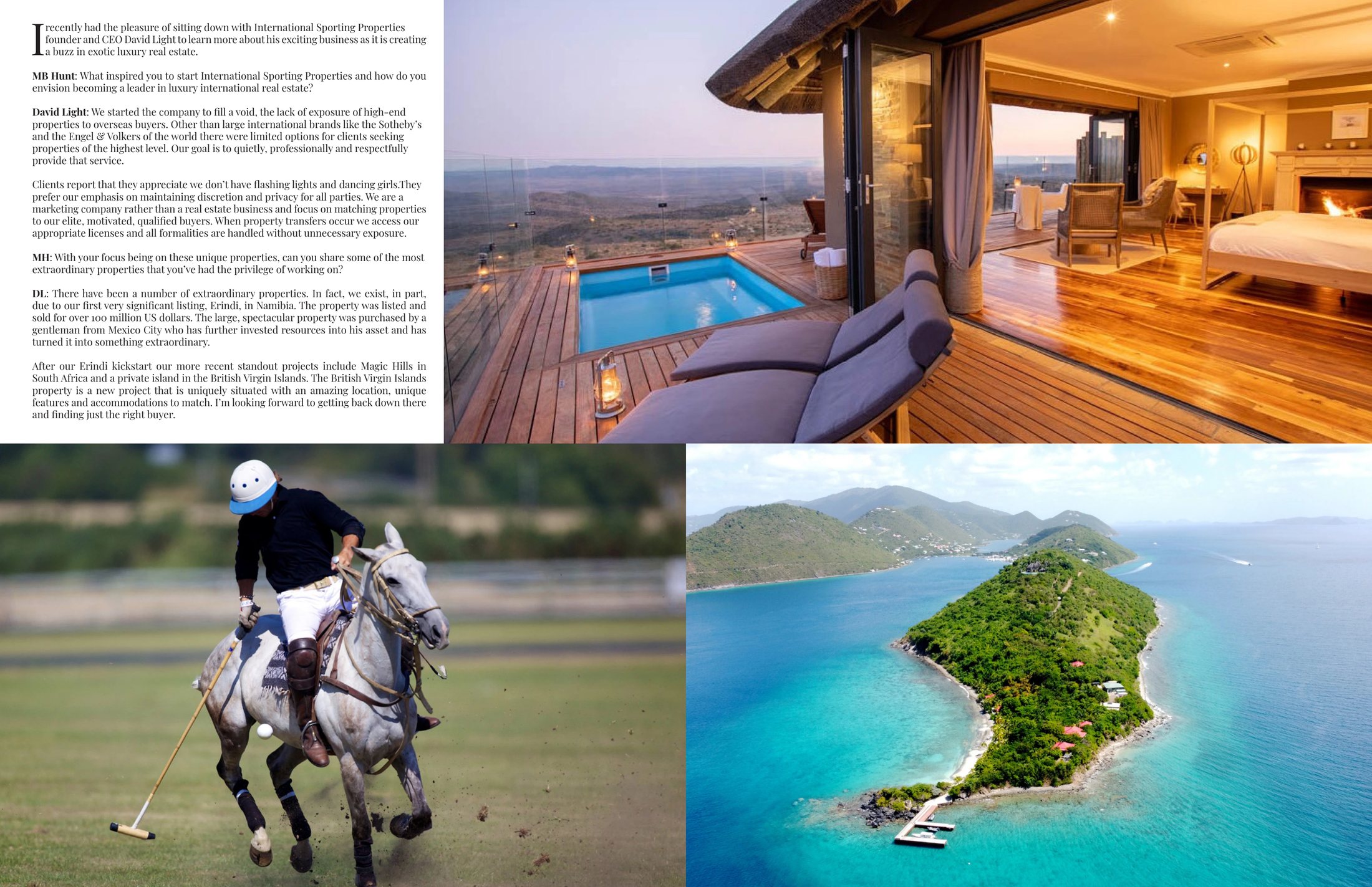 Pages 38 and 39: the interview alongside photographs of a lodge suite with a plunge pool on the deck, a polo player, and an island seen from the air