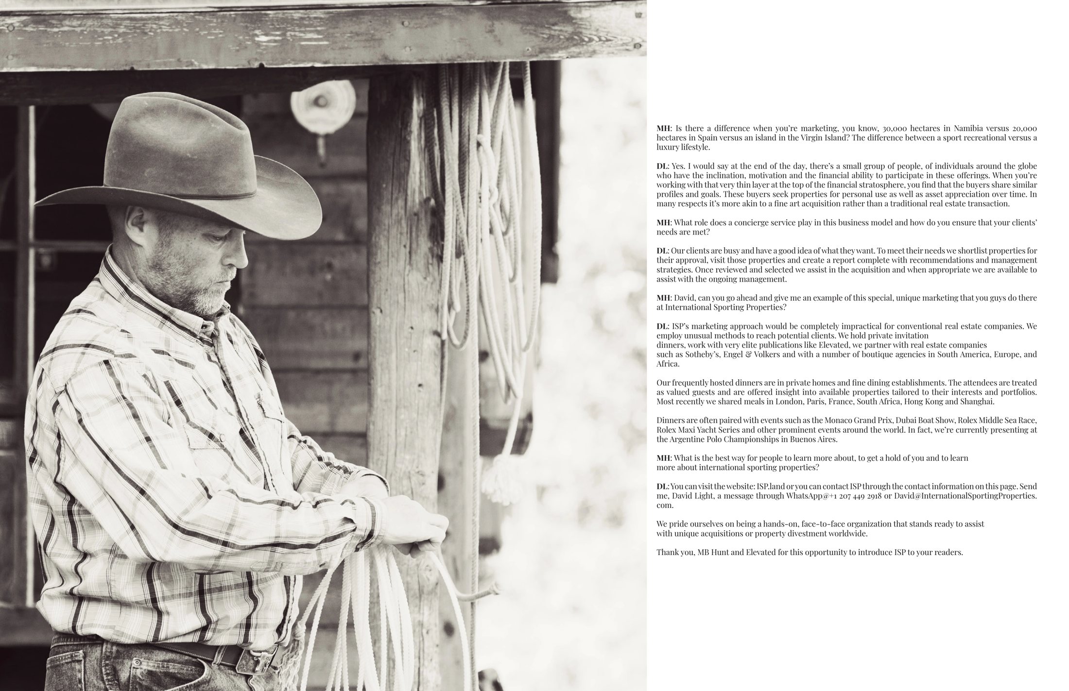 Pages 40 and 41: a black-and-white portrait of a man in a cowboy hat holding a rope, and the end of the interview